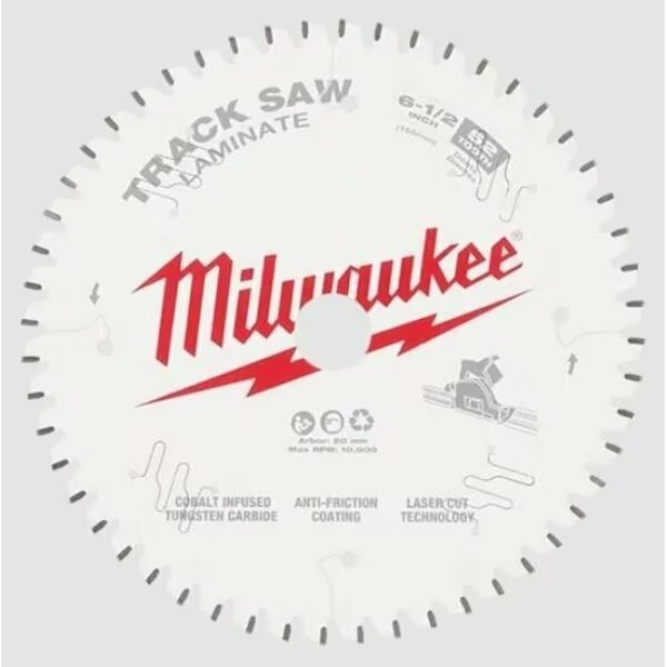 Milwaukee Track Saw Blade, 6-1/2 in Dia, 20 mm Arbor, 52-Teeth, Tungsten Carbide Cutting Edge, Milwaukee Tool, Mfr#: 48-40-0643